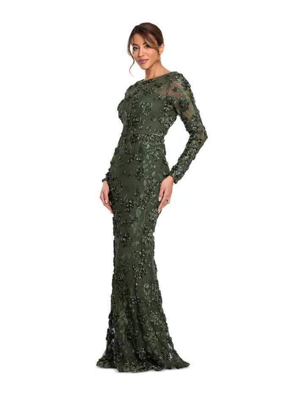 XSCAPE Modest Long Sleeve Rose Flower Gown Olive Green sz 8 NWT Formal Evening - Picture 5 of 6